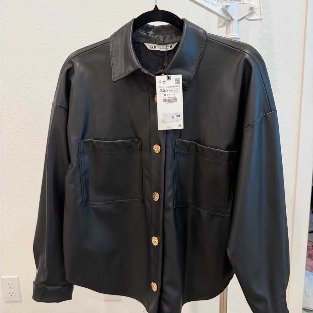 Zara - Black Faux Leather Jacket with Gold Buttons - XS